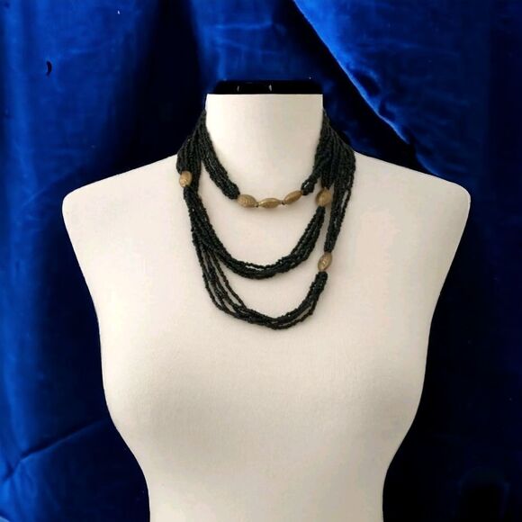 Multi Strand Beaded Necklace LONG 60" Black Seed Beads Brass Colored Stations - Picture 1 of 16